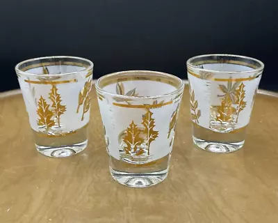 Libbey Starlite Exclusive Gold Leaf White Frosted Shot Glasses Vintage Set Of 3 • $17