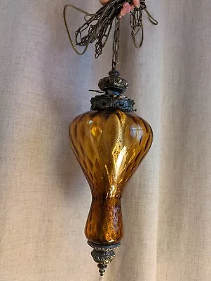 Vtg Amber Glass Mid Century Hanging Swag Ceiling Light • $179.99