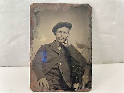 Antique Civil War Era Tin Type Photograph Picture Man Cigar Jacket Hat Smoking • $7