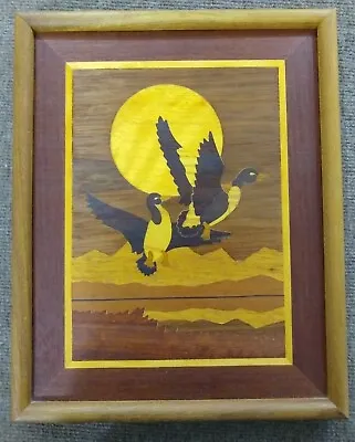 Vintage Wood Marquetry Inlay Flying Ducks In Wood Frame Picture • $17.50