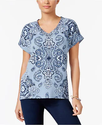 $20.82 • Buy Style & Co Paisley Printed Cuffed-Sleeve Top In Tile Vision Fog (Blue), Large