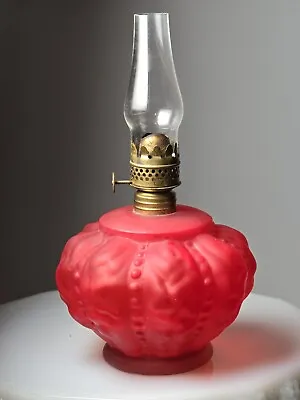 VINTAGE Miniature  Beaded Crinkle  Red Satin Glass Oil Lamp • $28