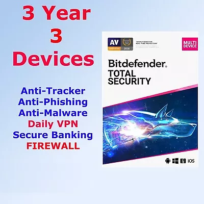 Bitdefender Total Security 2024 -3 Device 3 Years Protection + Daily VPN • $89.99