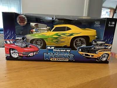 MUSCLE MACHINES 1:18 Die Cast 1969 Camaro Yellow Green Flames FUNLINE Chevy • $45