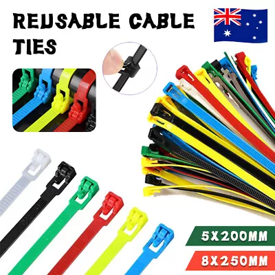 5MM/8MM Cable Ties Zip Nylon Plastic Releasable Reusable Wraps Ratchet Wire AU • $6.99