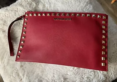 MICHAEL KORS Large EUC  Red W/ Gold Studs SAFFIANO CLUTCH/WRISTLET/WALLET • $45