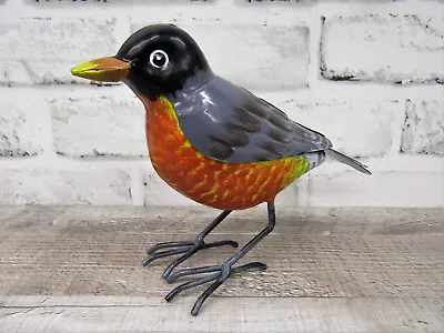 Small Rustic 8  Long Summer American Robin Red Breast Metal Tin Song Bird Figure • $36.99