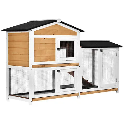 2-Tier Wooden Rabbit Hutch Guinea Pig House Pet Cage Outdoor Tray Ramp Pawhut • £158.97