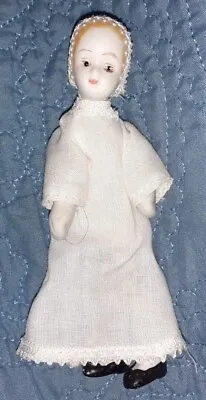 Tiny Bisque Doll Vintage Bisque Cloth Penny Doll Child In Gown & Bonnet  • $8