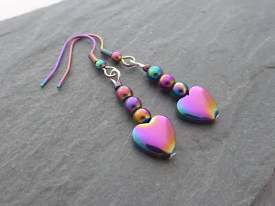 Cute Rainbow Hematite Heart Earrings On Rainbow Plated Stainless Steel Ear Wires • £4.45