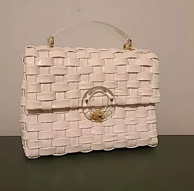 Vintage Lesco Lona Woven Wicker Vinyl Handbag White W/ Handles Made In Hong Kong • $50