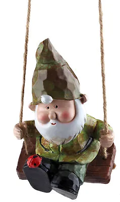 £9.99 • Buy Hanging Garden Gnome On Swing Ornament - Green With Ladybird