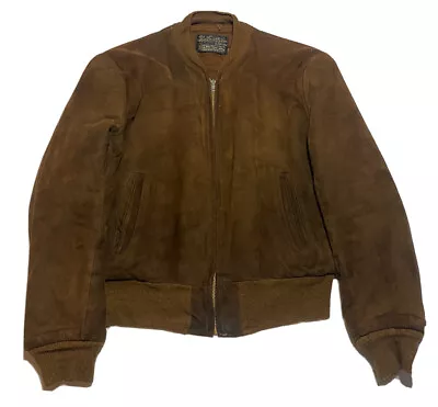 Vintage SEARS The Leather Shop Suede Bomber Jacket Mens 42 Warm Brown Zip Up USA • $65