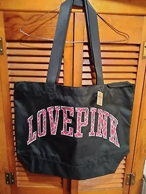 Victoria's Secret Love Pink Black Canvas Tote Bag Shoulder Bag With Zipper Top • $14
