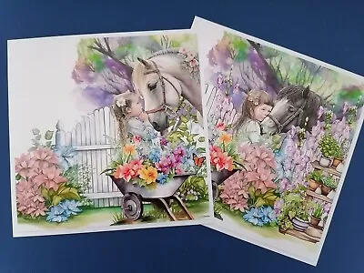 £1 • Buy 2 Handmade Cute Girl & Her Pony In The Flower Garden Card Toppers Birthday Horse