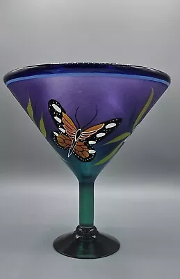 Hand Painted Martini Glass 7 3/4  Tall 7  Wide Butterfly Flowers Purple Blue  • $18.64