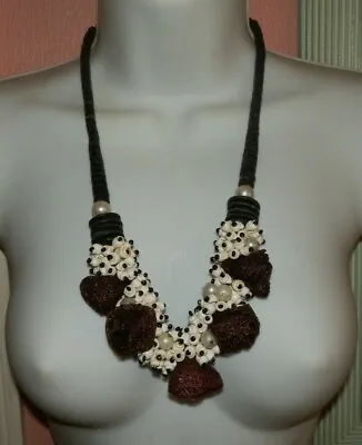 Vintage Wood & Shell Cluster Art Deco Statement Necklace * Brown Rosette Flowers • $15