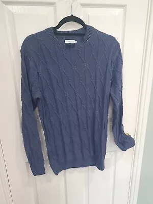 Mens Size M Cotton Traders Cable Knit Jumper Pullover Steel Blue Cotton Linen • £3.99