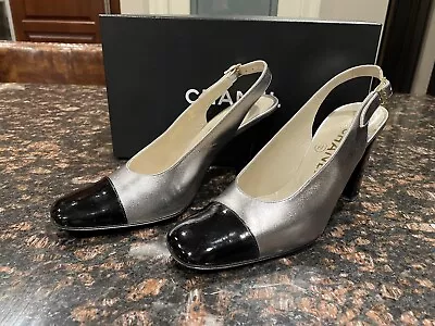 Chanel Slingback Heels Cap Toe Silver & Black Size 37.5 With Box EUC • $295.99