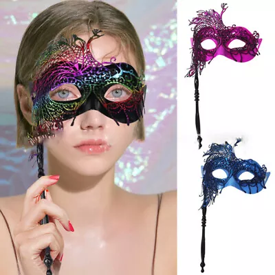 Masquerade Mask With Stick Venetian Mask Decorations Women Costume Mask • £4.54