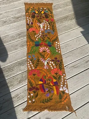 Parrots Birds Mexican Embroidered Table Runner Chiapas 60x16 Mustard Yellow 112 • $84