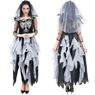 Adult Day Of The Dead Halloween Skeleton Zombie Bride Fancy Dress Costume Ladies • £25.99