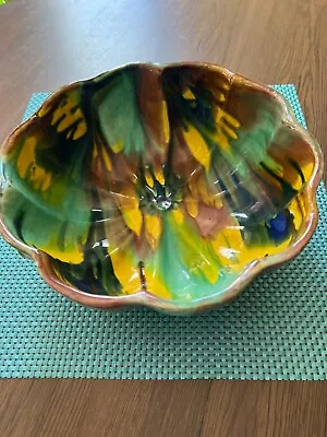 Mexican Oaxacan Dripware Ribbed Bowl Ceramic VTG Multicolor Mcm Drip Glaze • $36.95