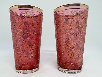 Moser Bohemian Art Glass-Cranberry Juice Tumblers With Enameled Floral-Set Of 2 • $192.49