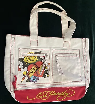 ED HARDY Canvas White Fabric Tote Bag - Vintage  Eternal Love” • $22