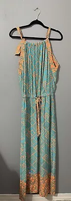 Alice & Trixie Maxi Halter Dress Small All Silk Resort Cruise Vacay Teal Orange • $50