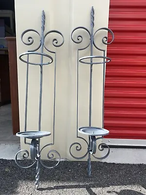 VTG PAIR WROUGHT IRON WALL SCONCE CANDLE HOLDERS Gothic Castle Spanish Revival • $150