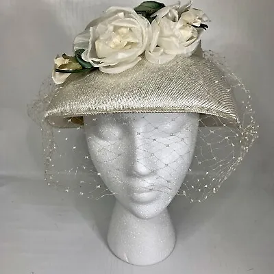 White Roses Hat Pillbox Union Made Veil Net Vtg Bride Wedding Mid Century Church • $39.99