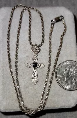 VTG 925 Sterling Silver Genuine Black Onyx Cross Pendant/Necklace-18  Rope Chain • $28.95