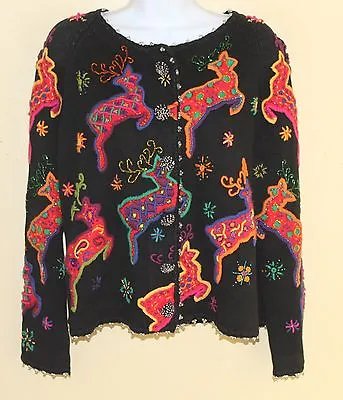 Michael Simon '94 Dancing Reindeer Holiday Amazing Cardigan Sweater 1 S M WOW • $199.99