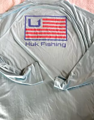 HUK FISHING Mens L/S Saltwater USA FLAG PURSUIT Sun Shield JERSEY SHIRT AquaBlue • $18