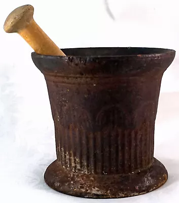 ANTIQUE Cast Iron MORTAR & Wooden PESTLE Apothecary Item Over 8 Pounds • $69