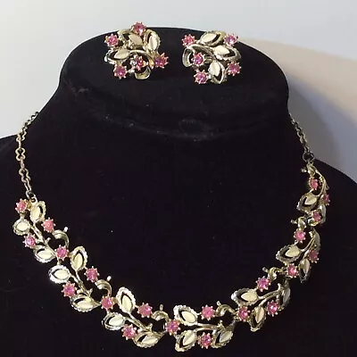 Vtg. Necklace & Earring Pink Rhinestoneenamel White Leaves Gold Color Metal • $9.99