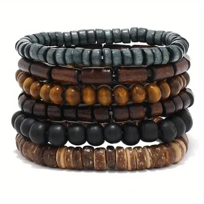 6pcs Set Mens Brown Black Beaded Vintage Wooden Wristband Bangle Bracelet Gift • £5.80