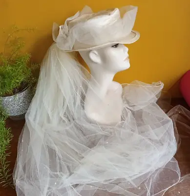 £10.50 • Buy Ivory Silk Wedding Hat & Long Veil 1980's Steampunk Vintage