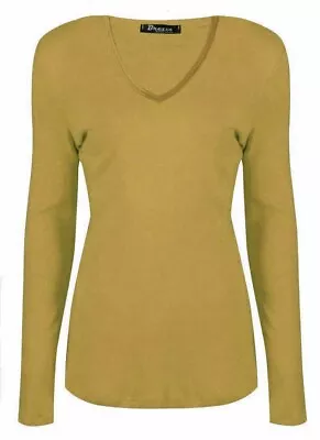 Ladies Womans Basic Long Sleeve Plain V Neck Stretch Top T Shirt Plus Size 8-26 • £5.99