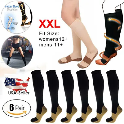 6 Pairs Unisex Copper Energy Knee High Compression Socks S/M L/XL XXL 20-30mmHg • $12.58