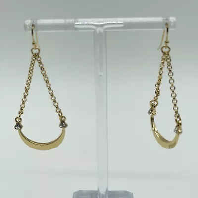 Pierced Earrings Dangle Drop Gold Tone Half Moon Rhinestone Jewelry 1 1/2  • $3.99