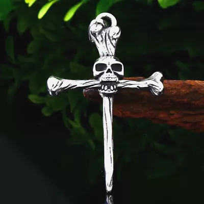 Silver Skull Nail Cross Pendant Necklace Men's Pun Retro Biker Jewelry Chain 24  • $3.99