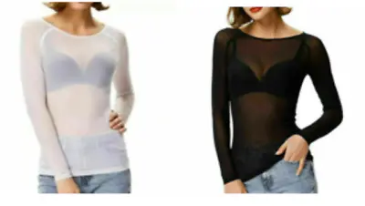 £6.79 • Buy Women's SHEER Mesh Top Ladies Long Sleeve Stretchy See Through T Shirt Tops PLUS