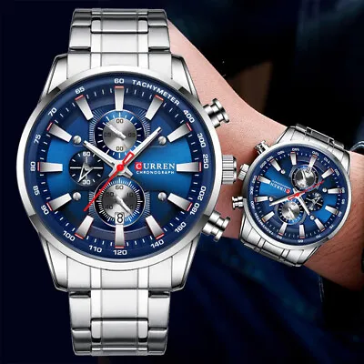 Men's Luxury Stainless Steel Quartz Analog Sport Wrist Watch Date CHRONO Watches • $35.89