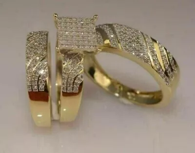 1Ct Lab Created Diamond His & Her Wedding Trio Ring Set 14K Yellow Gold Plated • $143.99