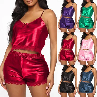 Womens Lace Satin Silk Sleepwear Cami Vest Shorts Lingerie Nightwear Pyjamas Set • £7.99