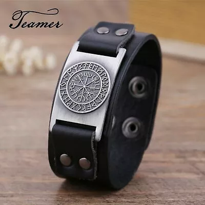 Viking Vegvisir Compass Valknut Odin's Symbol Cuff Leather Wrap Bracelets Men • $7.19