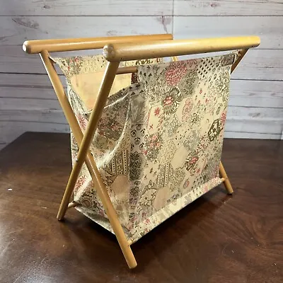 Vintage Knitting Sewing Caddy Basket Yarn Bag Folding Wood Frame Brown Floral • $36.99