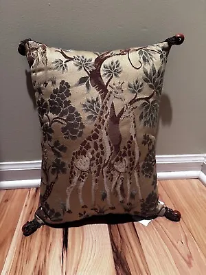 Ethan Allen Custom Pillow Giraffe Monkey Brown Green 16” X 11” Velvet Back • $44